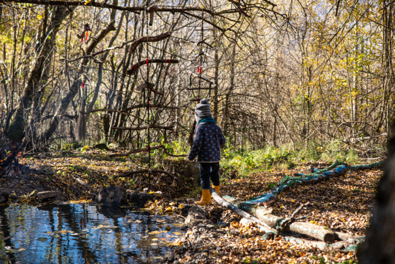 A young child in warm clothing explores a forest stream on a sunny autumn day.